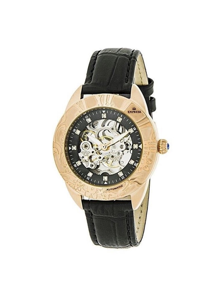 Nwt Empress Godiva White Mother Of Pearl Dial Black Leather Strap Automatic Ladi